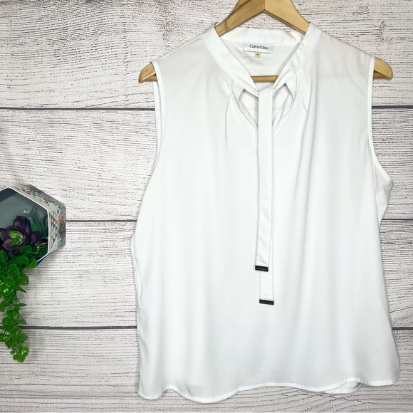 Calvin Klein Tops - Calvin Klein White Sleeveless Blouse with Tie at Neck Size XL Office Career Chic